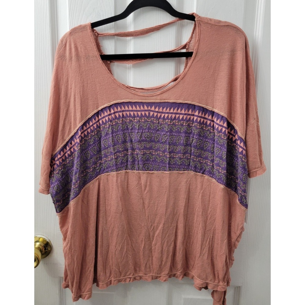 Free People Distressed Top Size XS Oversized Pink Purple Green Rayon/Linen Boho